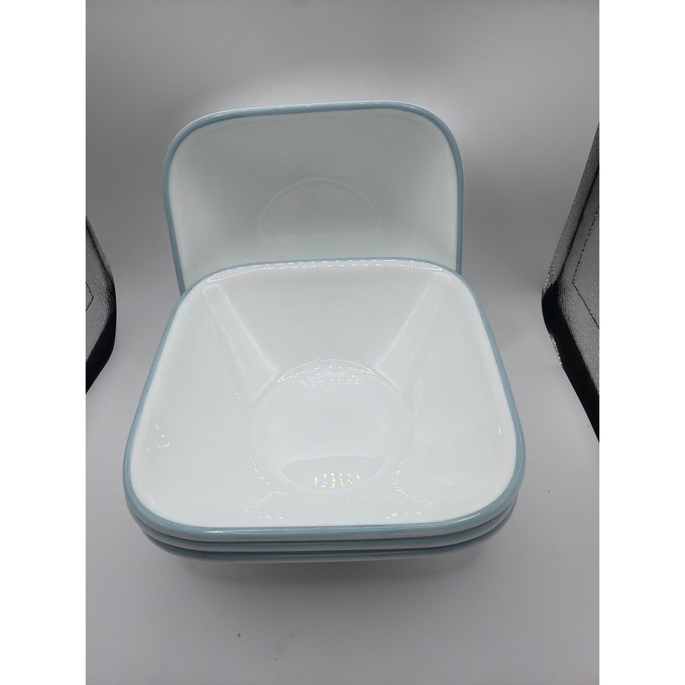 4 Corelle Harmony Square Soup‎ Cereal Bowls 6.375" Blue Gray Trim Corning
